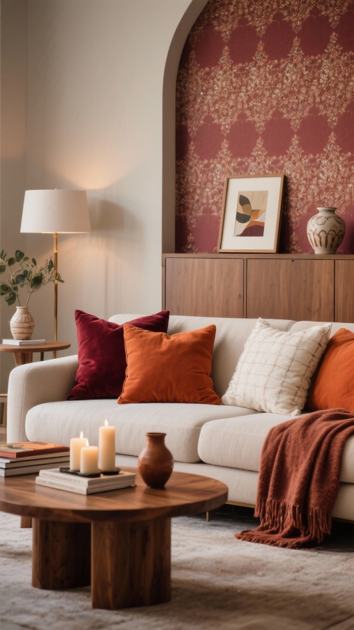 Medium shot of a living room sofa scene showcasing rich, cozy colors via accents: pillows and throws in burgundy, terracotta, and ivory layered on a neutral sofa; warm wood coffee table with candles and art books; small framed art and a ceramic vase pulling colors together; soft ambient lighting; optional removable wallpaper panel on a cabinet back in coordinating tones; photorealistic.