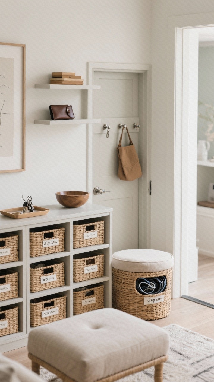 Medium shot of a living room storage zone: a closed-door credenza with labeled lidded baskets inside (labels subtle), a storage ottoman, and a styled open shelf above that displays only a few curated items. On the entry console, a tray for keys and a bowl for wallets creating a tidy “drop zone.” Include a basket with a lid for tech/cords tucked beside the console. Mood: calm, intentional organization; textures: rattan baskets, smooth painted wood, brushed metal hardware. Angle: three-quarter view.