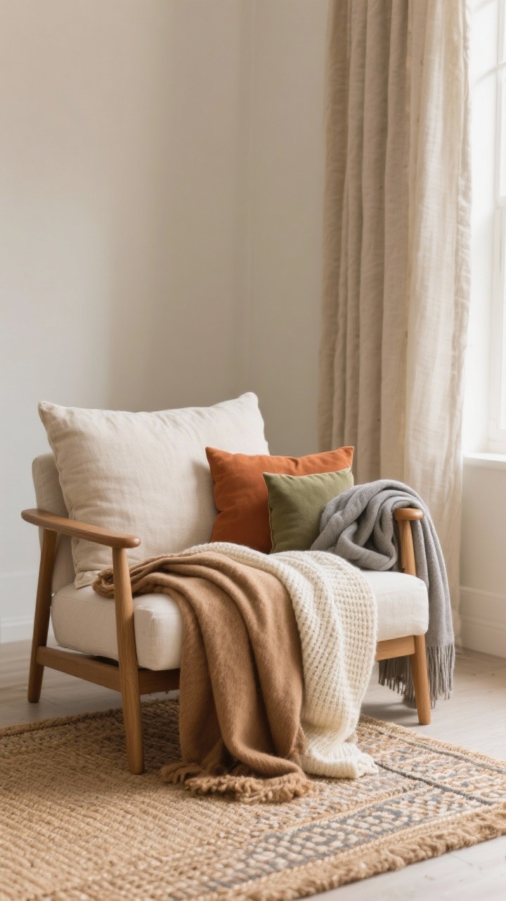 Medium shot of a lounge chair draped with soft layers pulled from around the home: a neatly folded cream knit blanket with a loosely tossed camel-toned throw over it, plus a heather-gray scarf casually looped across the arm; pillows mixed in sizes—large flax-linen in back, smaller terracotta and olive pillow in front; a spare curtain reimagined as a throw folded on the seat; subtle rug-on-rug moment beneath—large natural jute topped with a smaller patterned woven rug; warm, cozy daylight from the side; angle: straight-on, eye level.