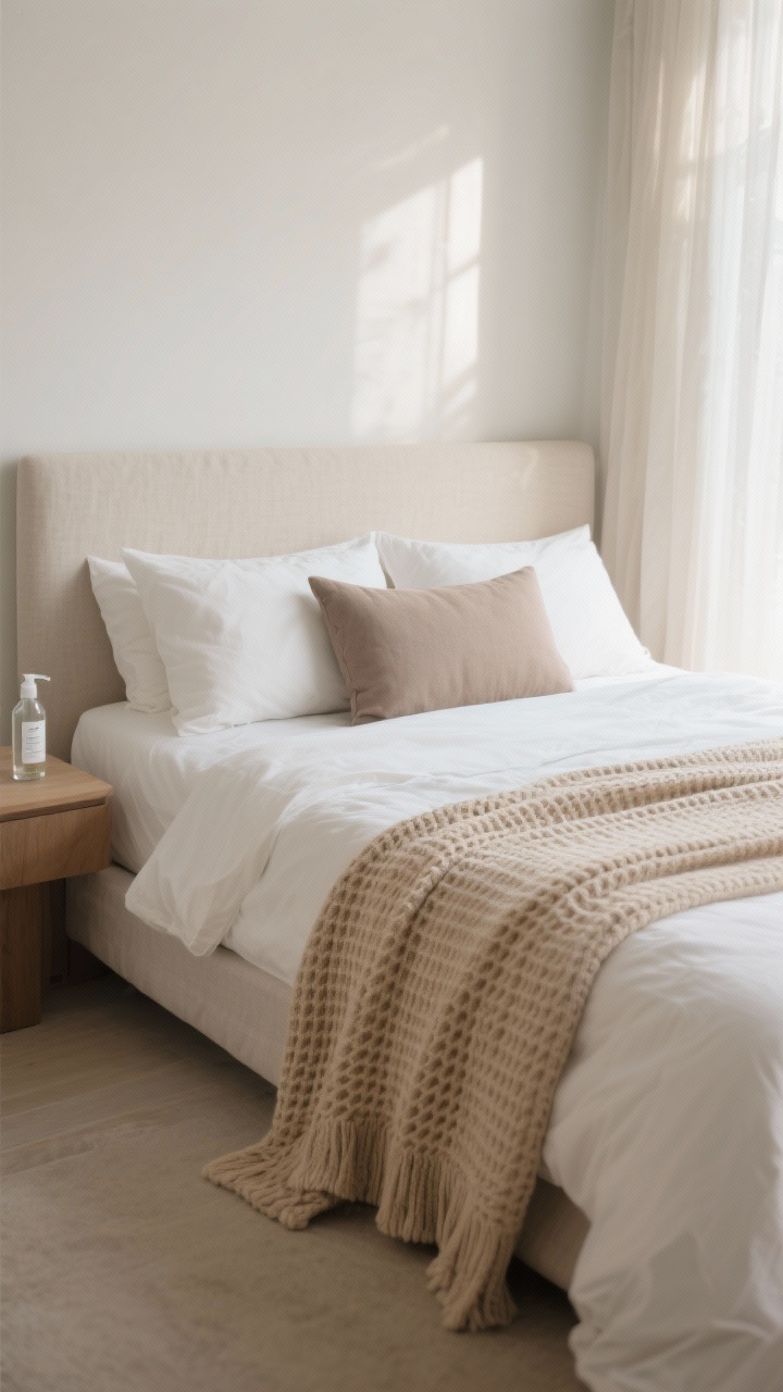 Medium shot of a neatly made bed as a daily design moment: crisp light-cream sheets, a textured waffle-knit blanket in warm beige folded at the foot, two standard pillows in white with a single long lumbar pillow in muted taupe; simple linen headboard, neutral walls, gentle morning light through sheer curtains, a glass bottle of linen spray on the nightstand, photorealistic.