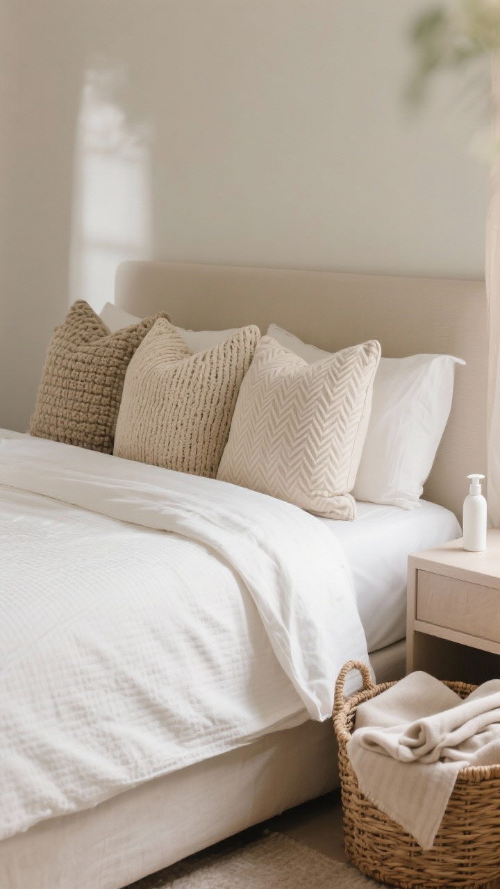 Medium shot of a neatly made bed styled like a boutique hotel: neutral duvet in ivory with visible texture, top folded back one-third for a turn-down look; a trio of seasonal throw pillows in mixed textures (chunky knit, linen, subtle herringbone) at the head; a woven basket at the foot holding folded blankets; a light mist of linen spray bottle resting discreetly on the nightstand; soft morning light, tidy and serene, photographed from a corner angle.