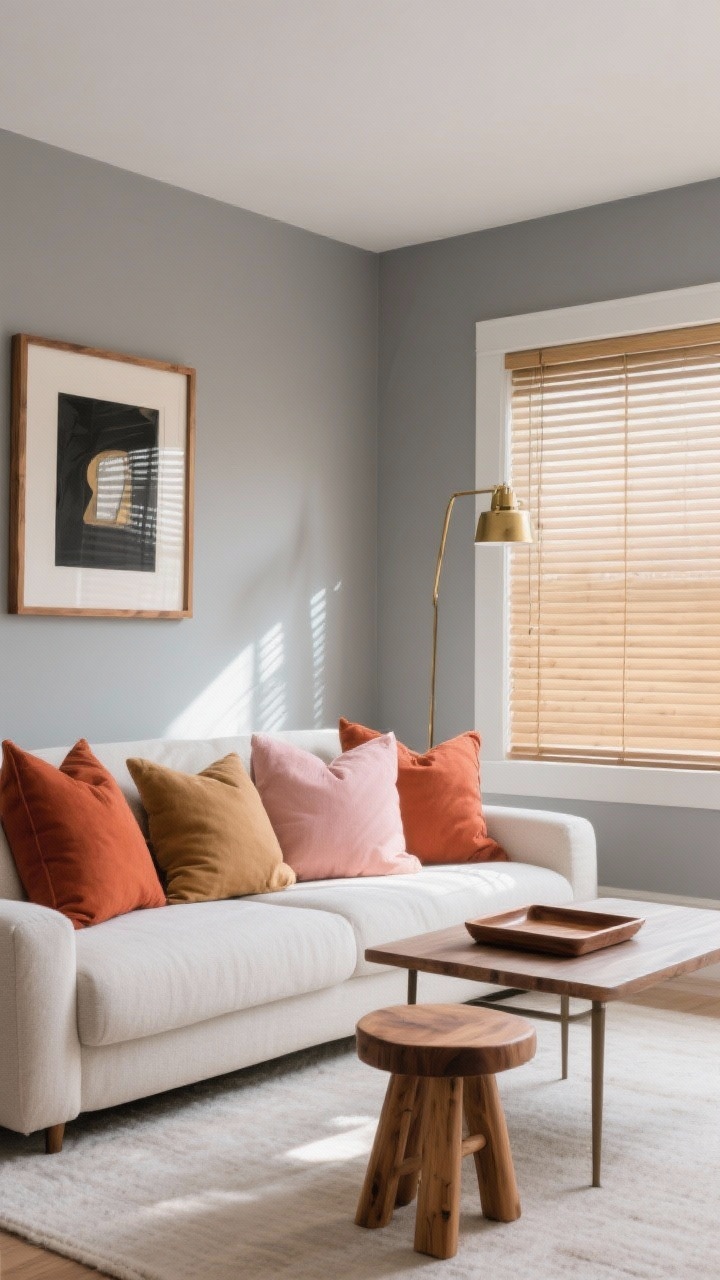 Medium shot of a neutral living room warmed without repainting: cool gray walls paired with warm accents—rust, camel, terracotta, and blush throw pillows on a light sofa; walnut tray on the coffee table, an oak stool as a side table, bamboo blinds filtering light; art reframed in wood and antique brass instead of shiny black; cozy, sunlit afternoon ambiance; no people.