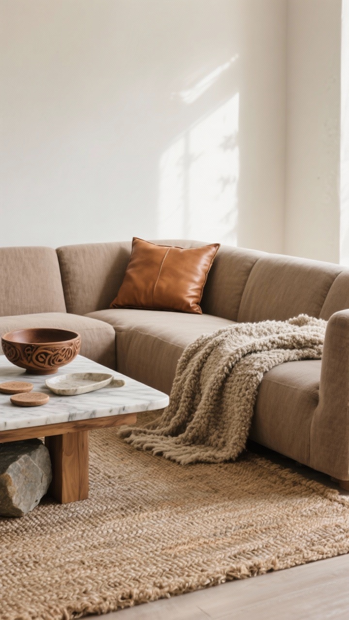 Medium shot of a serene living room seating zone styled for texture: linen sofa in warm taupe, a single cognac leather pillow, and a nubby boucle throw draped casually; grounding natural jute rug underfoot; stone coasters on a small marble tray atop a wood coffee table; additional accents include a carved wood bowl; restrained palette with negative space on surfaces; soft afternoon light, three-texture rule evident, corner angle.