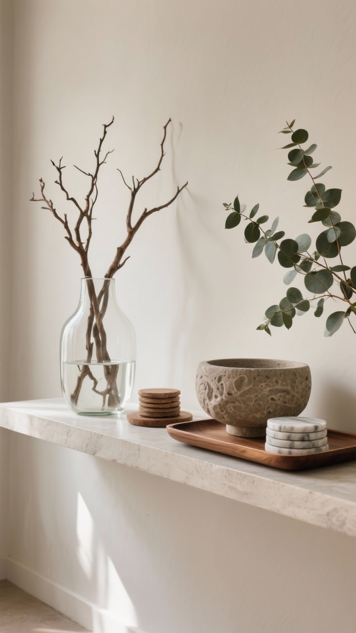 Medium shot of a shelf styled with nature beyond plants: tall glass vase holding sculptural branches, a carved stone bowl, a warm wood tray, marble coasters stacked neatly; seasonal touches with fresh eucalyptus stems nearby; neutral wall backdrop, clean lines, diffused daylight, photorealistic.