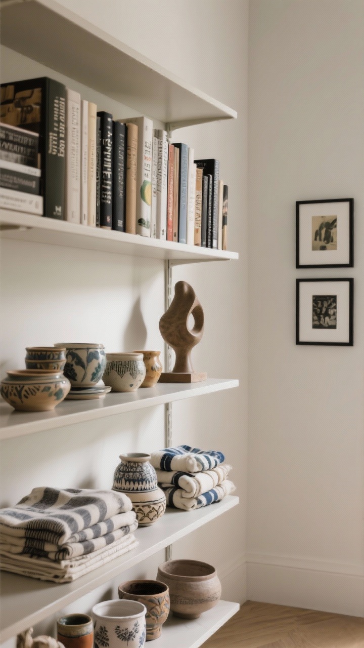 Medium shot of a styled bookshelf displaying personal pieces like art: books arranged by subject with a small sculptural object atop a stack, grouped ceramics from travels on one shelf, textiles folded together on another; a mini gallery wall nearby with black frames and white mats for cohesion; neutral backdrop, directional daylight, photorealistic.