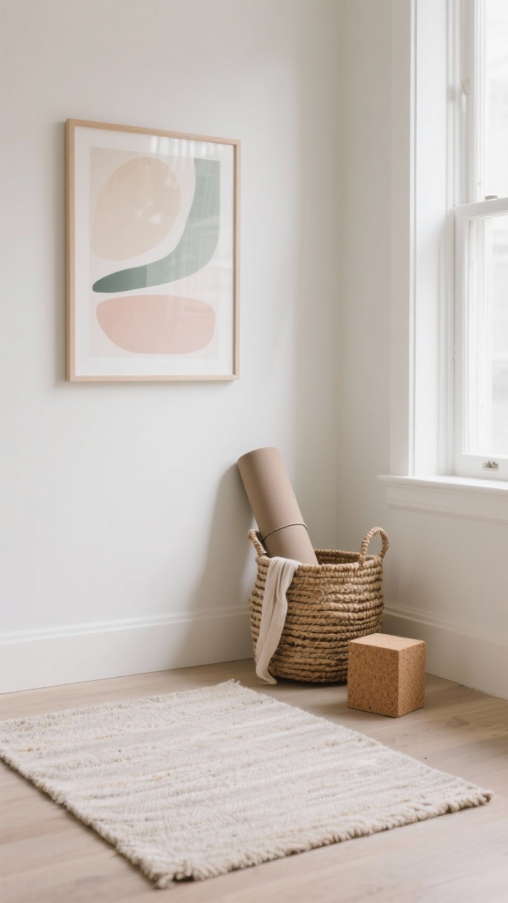 Medium shot of a styled micro movement zone: a small rug placed near a bright window, natural light streaming in; a yoga mat stored rolled upright in a woven basket with a cork block and fabric strap visible; a calming art print hung at eye level featuring soft abstract hues; uncluttered corner with tranquil energy, shot from a slight corner angle to show depth and openness.