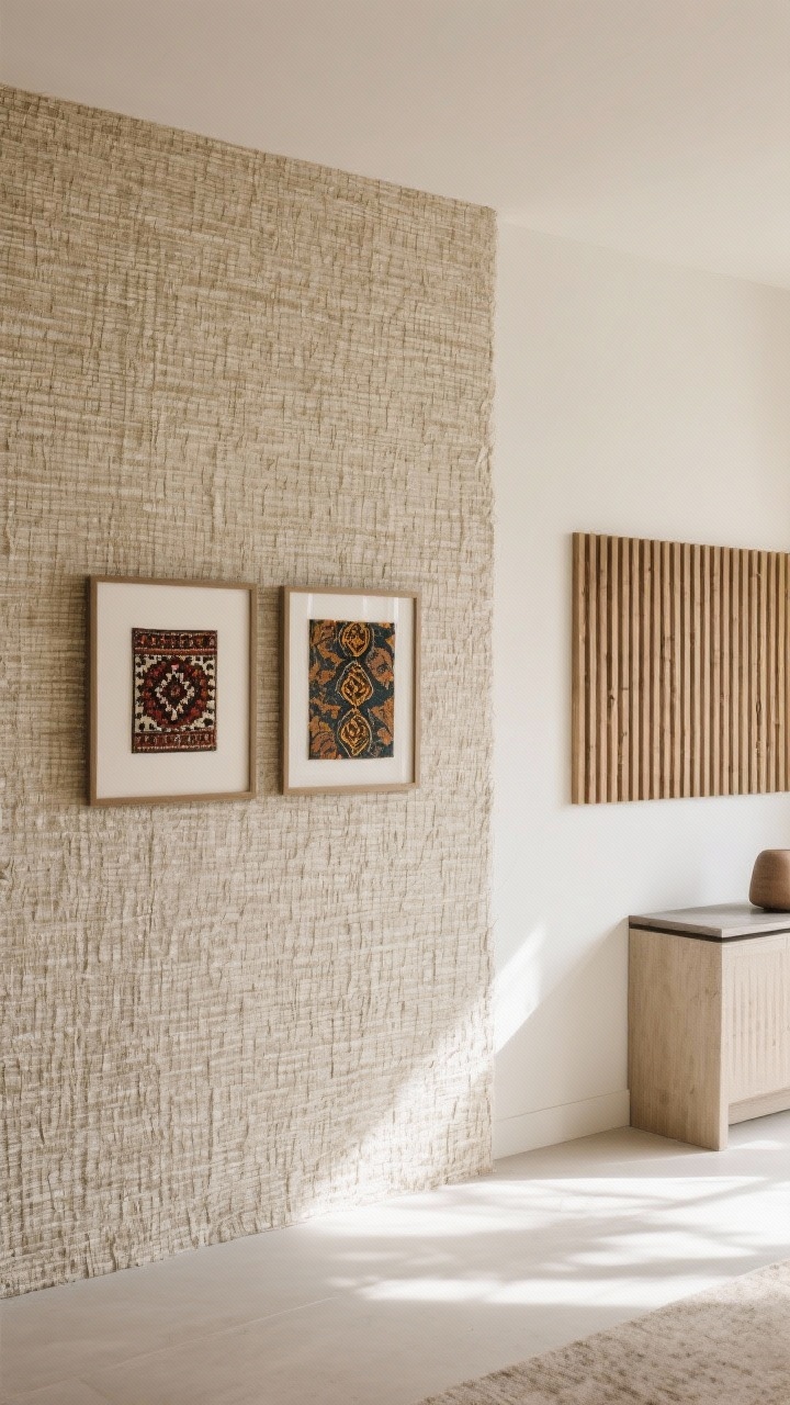 Medium shot of a textured wall moment: a single feature wall in grasscloth wallpaper adding dimension, with framed textiles (a small vintage kilim fragment and a batik swatch) arranged in a balanced grouping; adjacent wall shows a short span of wood slat panels behind a console; gentle daylight and soft shadows to reveal surface relief, calm neutral color story.