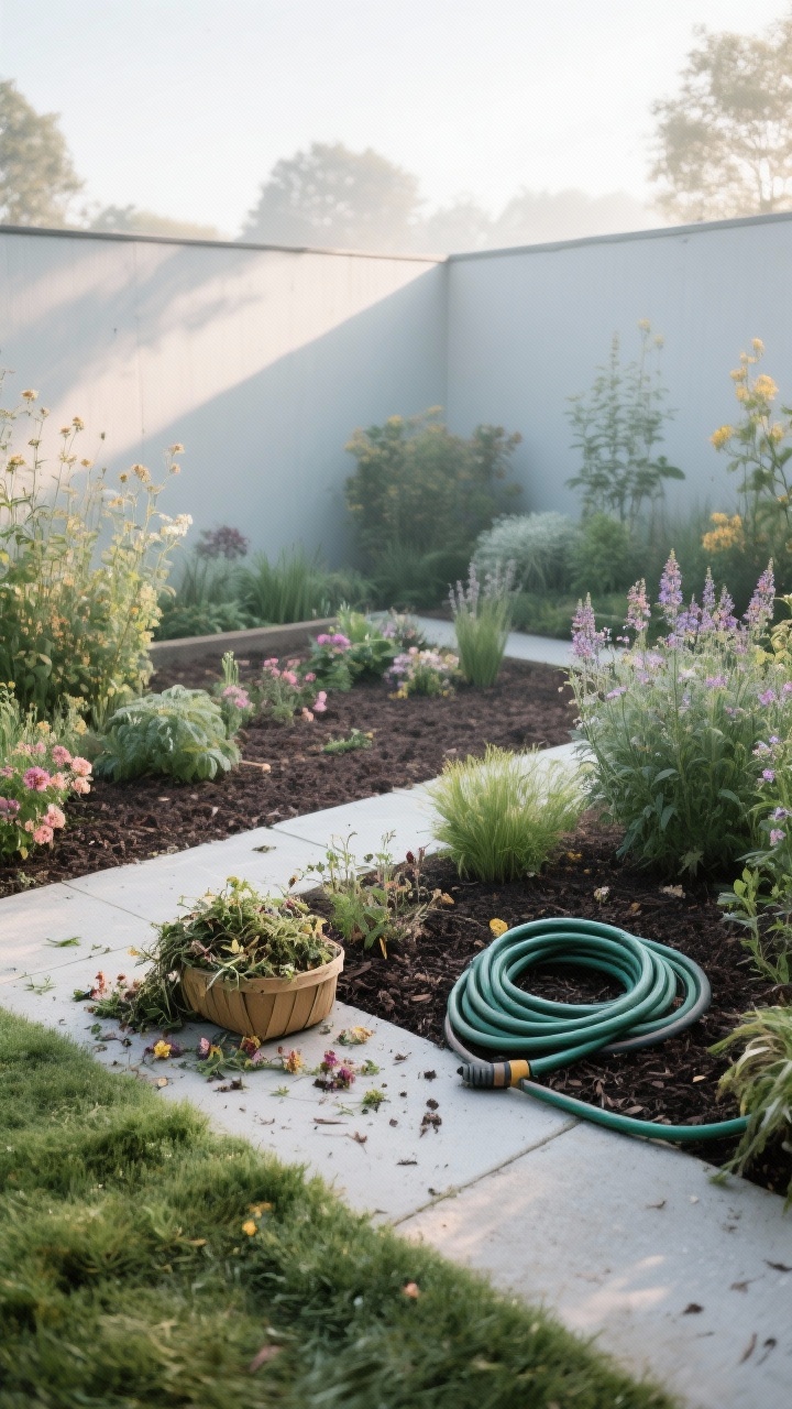 Medium shot of a tidy, edited garden corner during early morning: beds freshly mulched, paths swept clean, spent blooms deadheaded, edges trimmed; a small pile of clippings in a discreet trug hints ongoing maintenance; healthy perennials divided and replanted; a hose coiled neatly; calm, fresh mood with cool morning light; corner angle to show order without clutter.