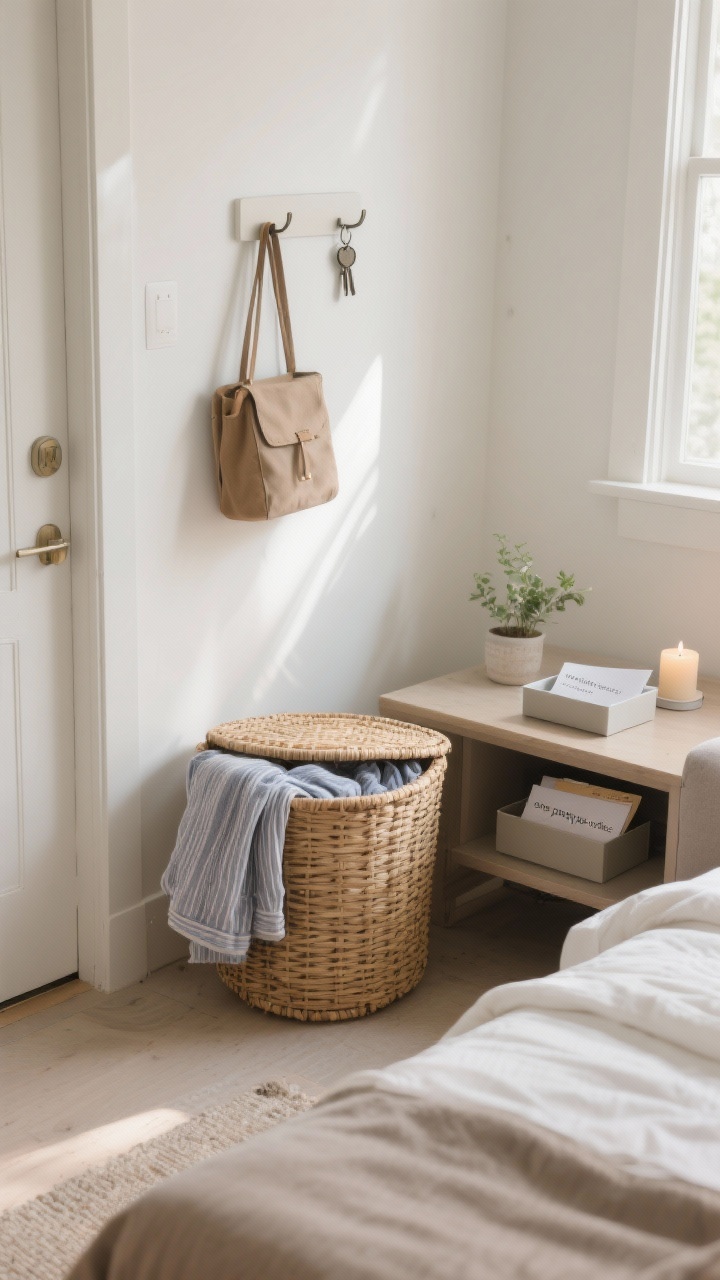Medium shot of a two-minute tidy setup with stylish storage: a lidded woven basket beside a bed or sofa containing a folded throw and pajamas; on a nearby desk or console, a slim paper tray corralling today’s mail; a minimal wall hook near the entry holding a bag and keys; each surface adhering to the “one pretty per surface” rule (a single candle on the console, one small plant on the nightstand); natural morning light, calm, photorealistic, slight overhead/angled perspective to highlight organization.