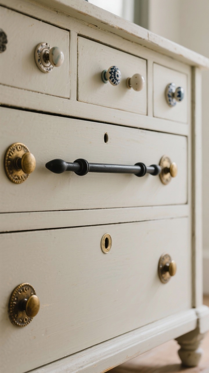 Medium shot of a vintage dresser front with mixed hardware: oversized matte black bar pulls on large lower drawers, round aged brass knobs with backplates on upper small drawers, and ceramic knobs on a side cabinet door; measured center-to-center spacing aligns perfectly without extra holes; shot at a slight corner angle with soft ambient daylight; focus on the contrast of warm brass, cool matte black, and cottage-charm ceramic against a neutral painted finish.