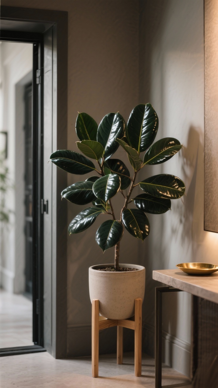 Medium shot of an entryway vignette: a ZZ plant with glossy dark green oval leaves and tidy form, set in a light wood stand and simple ceramic pot; positioned in a moody, low- to medium-light corner near a console table; warm, modern touch without stealing the show; soft indirect lighting, subtle shadows, photorealistic, no people; include a small brass tray and a neutral wall to emphasize contrast with the sheen of the leaves