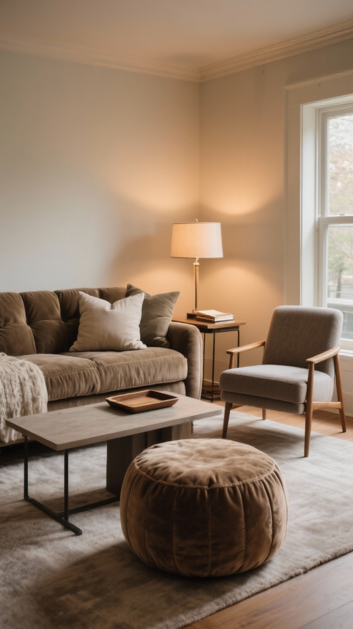 Medium shot of an inviting seating setup: a deep, plush sofa with layered cushions and a firm lumbar pillow, paired with an upright accent chair; a plush ottoman/pouf in front serving as table with a tray; a small side table and lamp creating a reading nook, chair angled toward a window; warm, comfortable lighting, mixed seat depths clearly visible; no people.