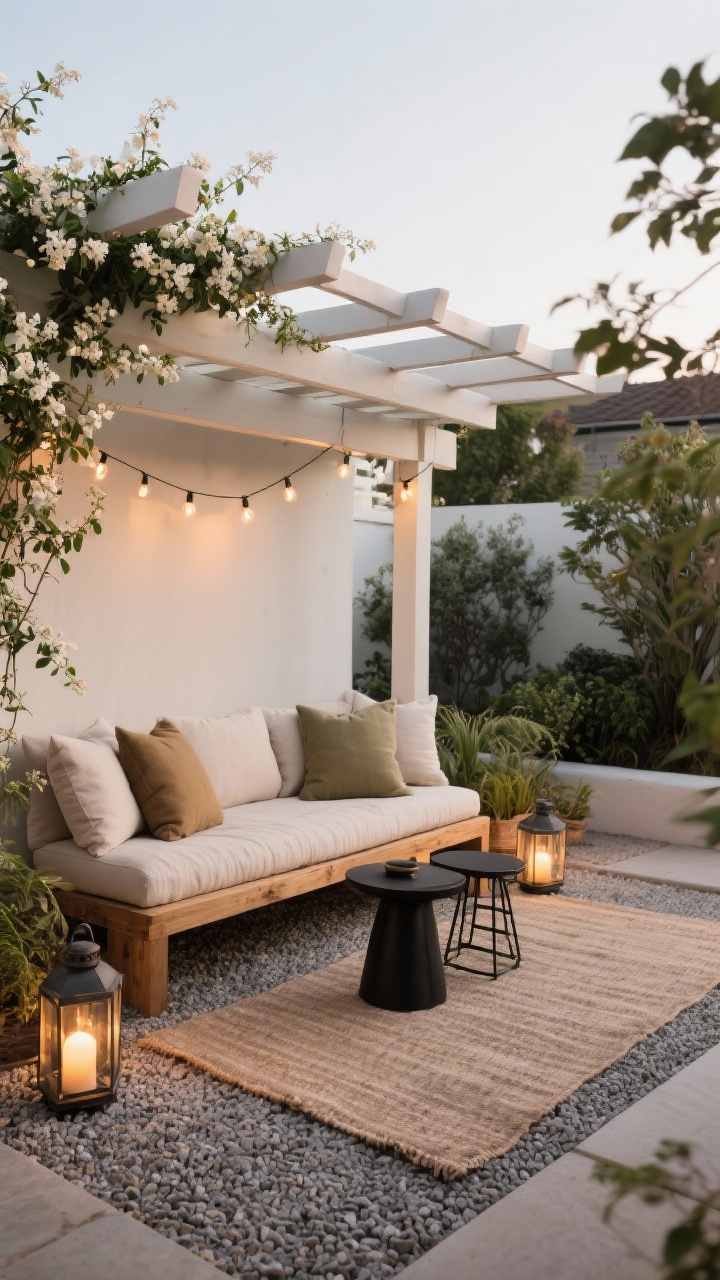Medium shot of an outdoor seating vignette styled like a living room: wood bench, black metal side table, and linen-look weather-friendly cushions in palette-coordinated tones; anchored on a defined gravel pad with an outdoor rug; lanterns and string lights provide warm evening glow; a shade element like a light pergola beam with jasmine beginning to climb; plants visible but not shouting; straight-on view for cozy invitation.