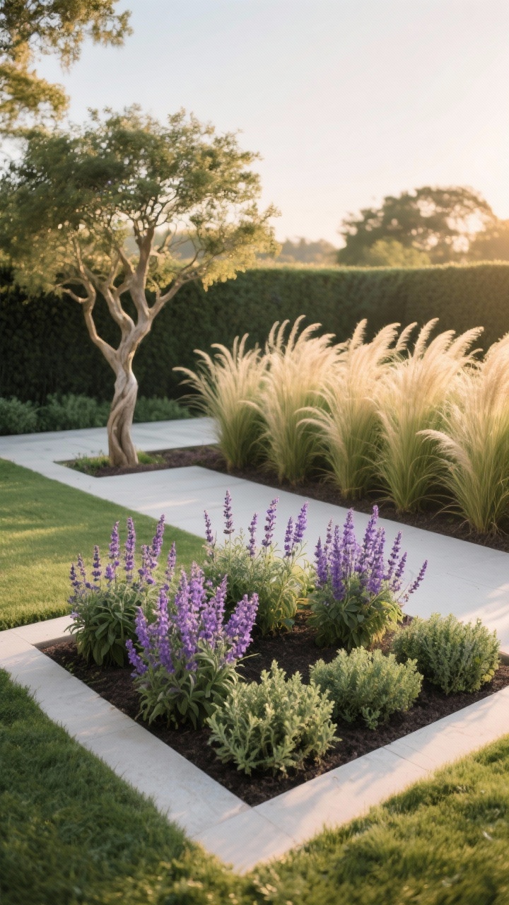 Medium shot of planting groups in odd numbers: a small bed with clusters of three lavender, three salvia, and three thyme repeated, plus a single sculptural tree as the accent; in a larger adjacent border, groups of five ornamental grasses create mass planting “luxury” sway; gentle breeze implied by grass movement; golden-hour side light adding warmth and depth; straight-on composition to clearly show 3s and 5s.