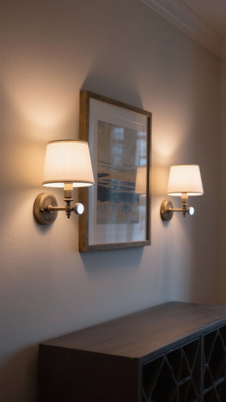 Medium shot of two wall sconces flanking a framed artwork above a console, using the puck light trick: traditional hardwired-style sconces mounted with solid anchors, each concealing a battery puck light affixed inside the shade with heavy-duty Velcro. Lights are set to warm white at 30% brightness, casting cozy, even pools of light that mimic real bulbs. Clean wall, symmetrical placement, evening ambiance, photorealistic.