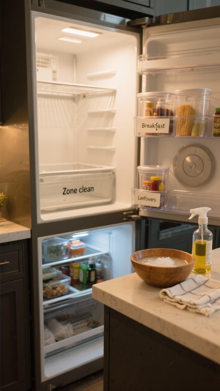 Medium shot, overhead fridge view: “Zone clean” in progress—one fridge zone empty (top shelf removed) on a counter beside clear bins and a lazy Susan labeled Breakfast, Sauces, and Leftovers; warm soapy water in a bowl and a vinegar spray bottle with a drying cloth nearby; the open fridge shows remaining zones untouched; cool interior fridge light contrasting with warm kitchen ambient light, tidy, functional aesthetic.