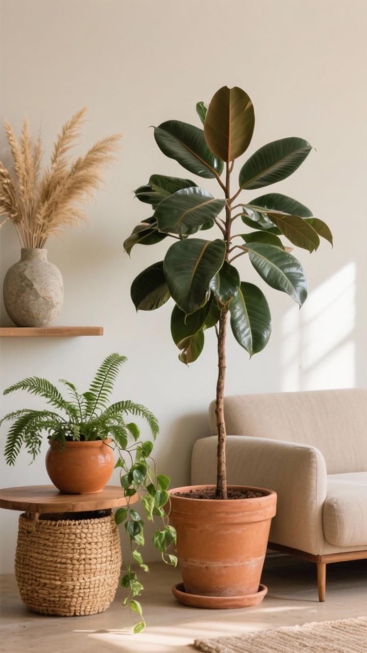 Medium shot plant arrangement: one tall floor plant (rubber tree) in a terra-cotta planter beside a sofa, paired with smaller tabletop plants—fern and trailing pothos—on a warm-toned ceramic pot and a woven basket planter; dried grasses in a stone vase on a shelf; natural materials, no shiny finishes; soft, indirect daylight highlighting greenery texture.