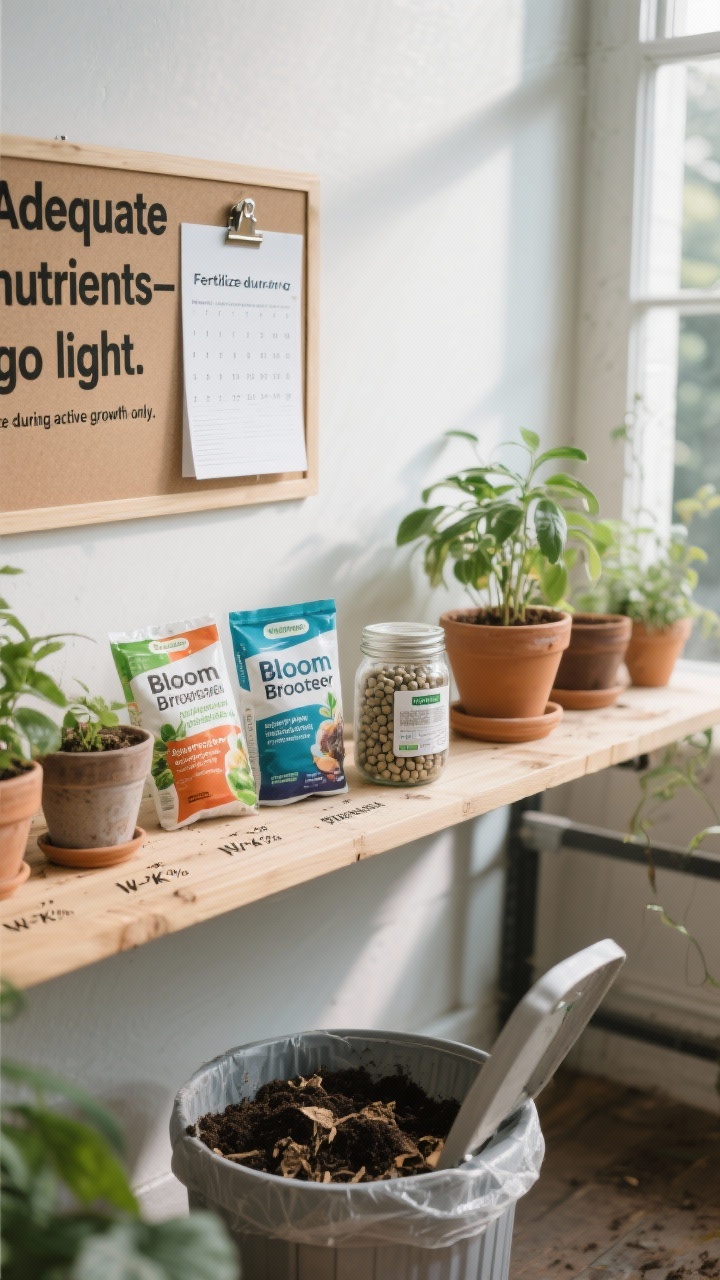 Medium shot, side angle: Organized potting bench with fertilizers laid out by N-P-K ratios—balanced formula for general growth and a bloom booster with higher phosphorus. Slow-release organic pellets in a labeled jar, compost bin open nearby. A soil test report clipped on a board reading “Adequate nutrients—go light.” A calendar card noting “Fertilize during active growth only.” Cool morning light, clear product labels, clean, practical vibe.