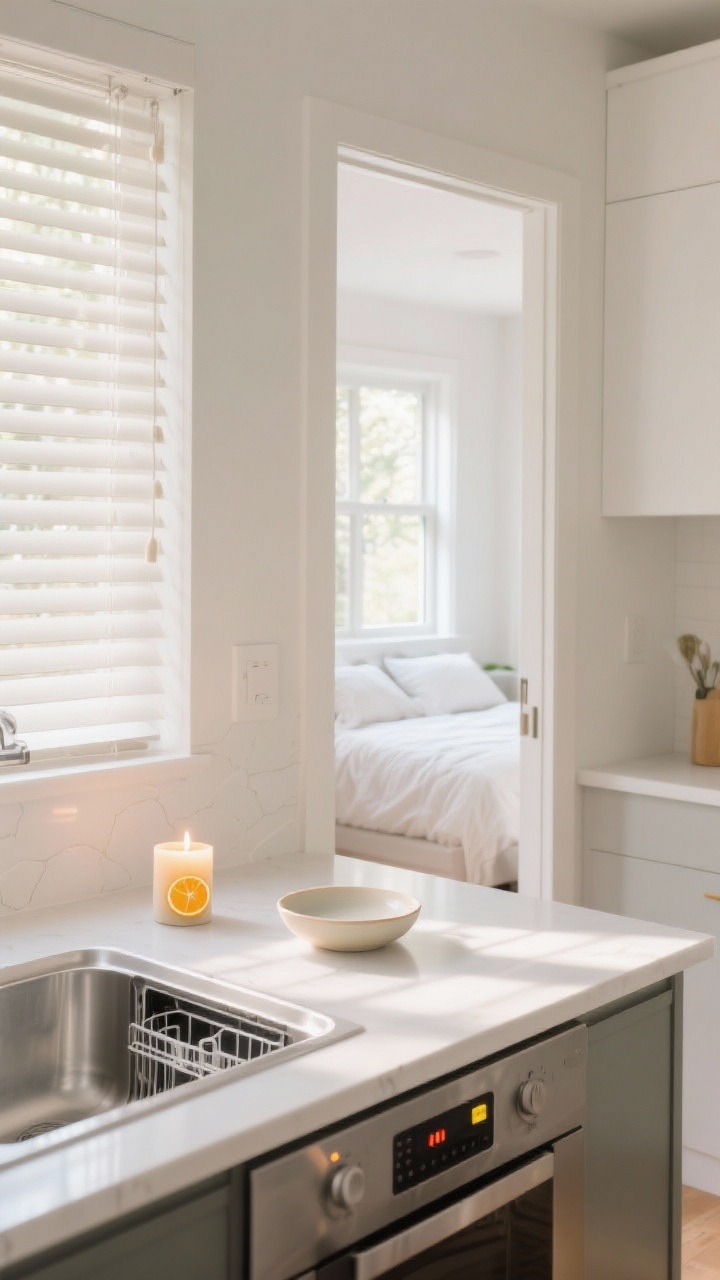 Medium shot, straight-on: A bright morning kitchen scene for a 10-minute reset—blinds open with soft daylight, a slightly open window, bed made visible through a doorway, kitchen counters wiped clear, empty sink with dishwasher running indicator light; a lit citrus-scent candle on the counter next to a simple ceramic dish; crisp, fresh air mood.