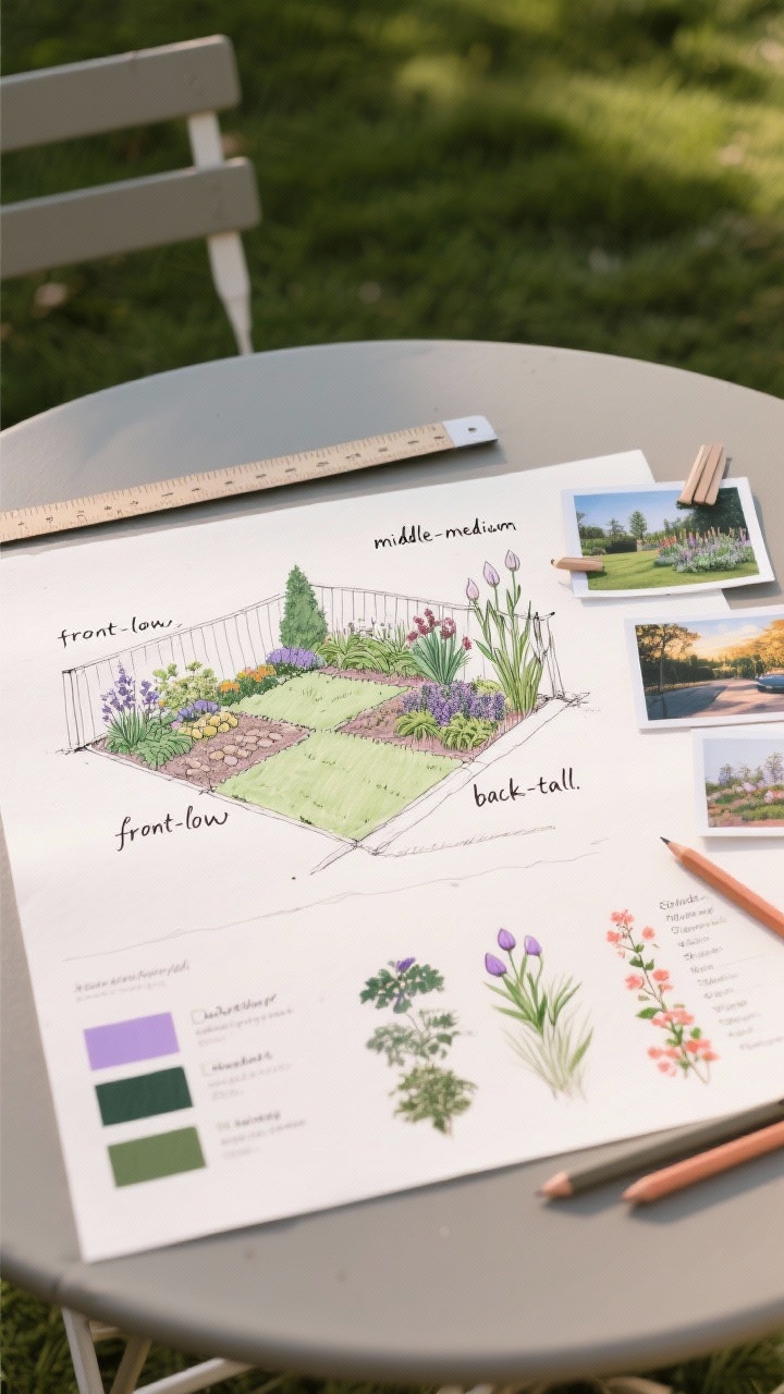 Medium shot, straight-on: A garden planning scene on an outdoor table—hand-drawn rough map of a backyard with zones labeled “front-low,” “middle-medium,” “back-tall,” swatches of a cohesive palette in two to three main colors plus one accent (e.g., soft lavender, deep green, white with a pop of coral), and plant lists grouped by spring bulbs, summer perennials, and winter evergreens/grasses. Include printed snapshots of the garden pinned beside the sketch showing different times of day with visible sunlight and shadows. Soft daylight, crisp textures of paper, pencils, and a measuring tape.