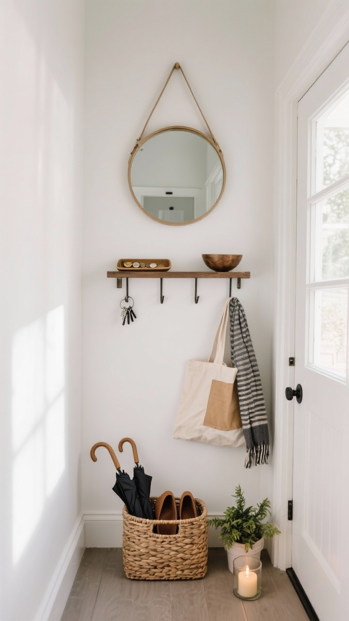 Medium shot, straight-on: A high-impact entry setup with a 30-inch wall shelf holding a small tray for keys and a bowl for coins, a round mirror above reflecting light into the narrow space, and a peg rail mounted at about 63 inches with a tote and scarf; a woven basket below for shoes/umbrellas; add a small potted plant and a candle for finish; clean lines, bright natural daylight from a nearby door.