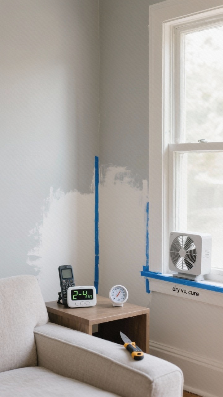 Medium shot, straight-on: a partially painted living room wall with the first coat drying; a timer/phone on a nearby side table showing 2–4 hours between coats. A hygrometer indicating high humidity and a box fan in a window creating airflow. Blue painter’s tape along trim being pulled carefully at a 45-degree angle while paint is still slightly wet; a utility knife resting on the sill for scoring fully dried edges if needed. Soft daylight with slight sheen to show “dry vs. cure” difference; tidy, patient setup, no people.