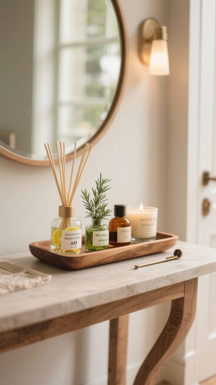 Medium shot, straight-on: An entry console “scent story” vignette—morning reed diffuser as a welcoming first impression, with labeled bottles for citrus/mint AM, herbal rosemary/basil for afternoon, and amber/sandalwood/vanilla candle for evening; warm natural wood tray corralling the items, soft ambient light; subtle safety nod (snuffer nearby), calm and inviting.