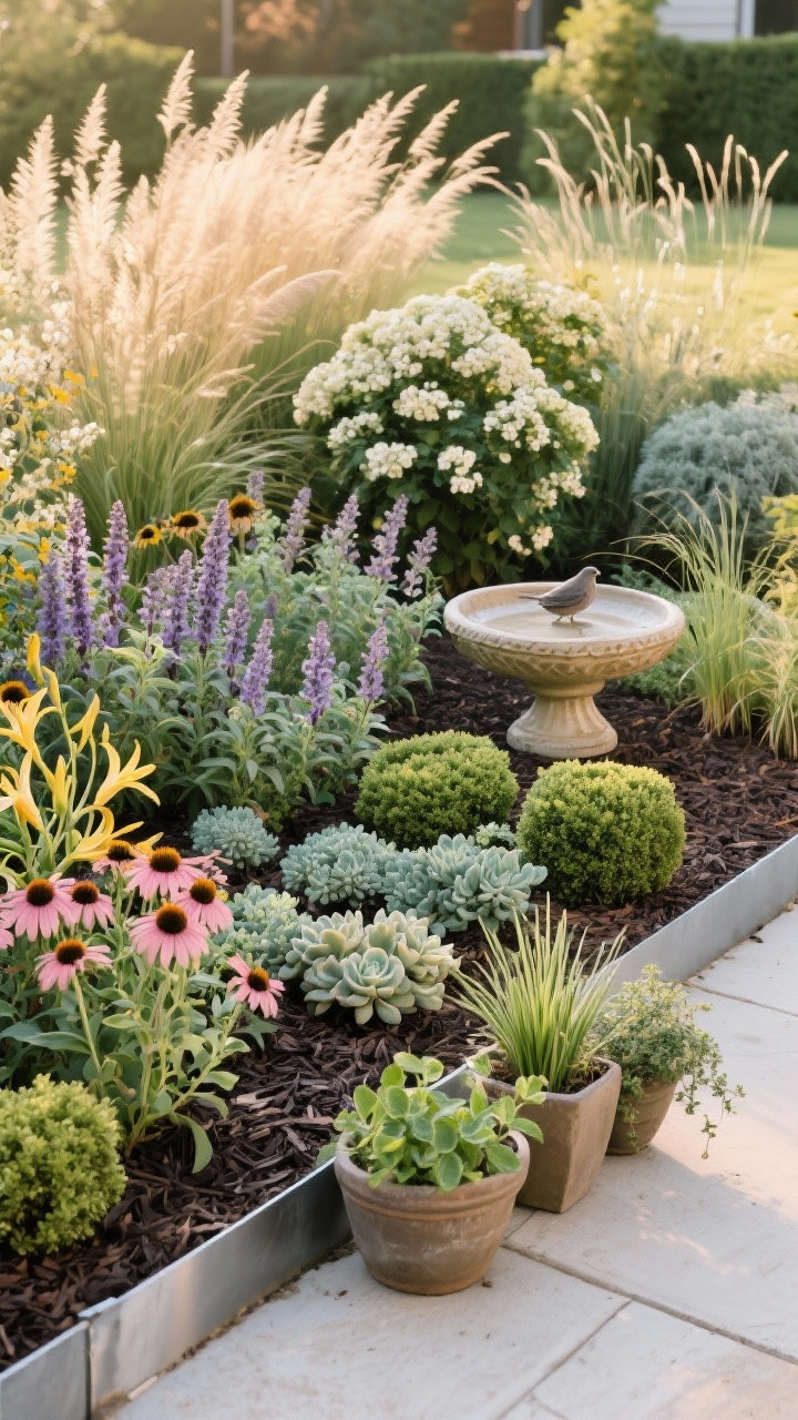 Medium shot, straight-on: Low-maintenance showcase bed with easy winners—drifts of coneflower, salvia, catmint, daylilies, sedum, and black-eyed Susan, structured with boxwood, a hydrangea suited to the zone, spirea, and viburnum. Textural accents of feather reed grass, little bluestem, and fountain grass. A container trio of rosemary, thyme, mint (contained), and chives on a patio edge. Thick mulch for drought tolerance, simple steel edging, and a ceramic birdbath as focal point. Warm late-afternoon light, serene and resilient mood.