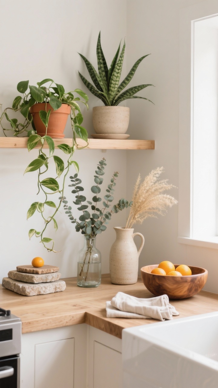 Medium shot, straight-on: Nature-forward vignette in a bright kitchen and adjacent shelf—pothos trailing from a terracotta pot, snake plant and ZZ plant in neutral planters; eucalyptus stems in a glass vase, dried grasses in a ceramic jug, and a bowl of citrus on a wood counter; natural materials layered with stone coasters, a wood bowl, and linen napkins; gentle daylight, calm mood, photorealistic.