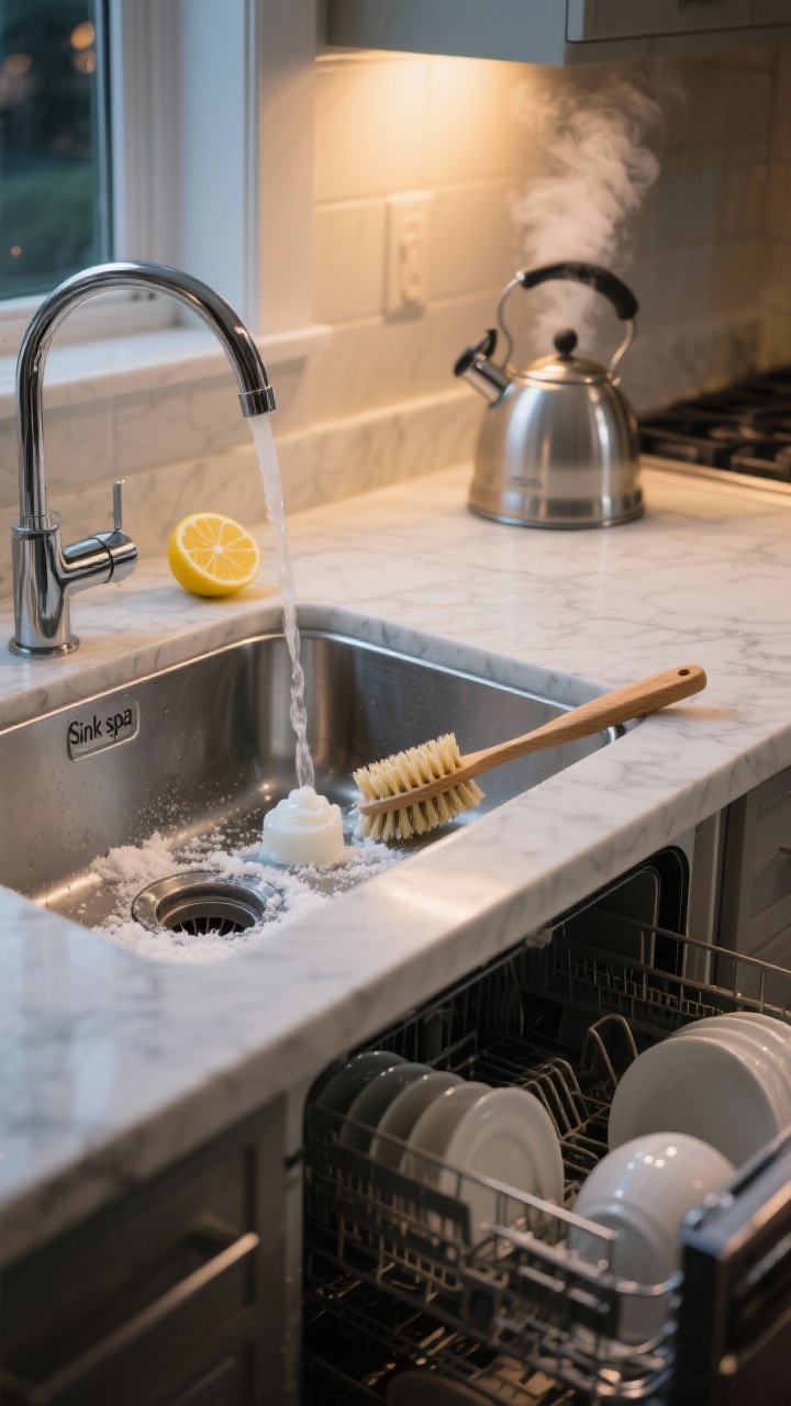Medium shot, straight-on: “Sink spa” during cooking—stainless steel sink sprinkled with baking soda and a dollop of dish soap being scrubbed with a stiff-bristle brush resting on the rim, open dishwasher nearby partly loaded (dishes placed directly in, not in sink), a steaming kettle on the counter ready to pour hot water down the drain, a lemon slice poised by the garbage disposal opening, warm evening kitchen light with a cozy, fresh, spa-like vibe, clean marble counter and tidy surroundings.