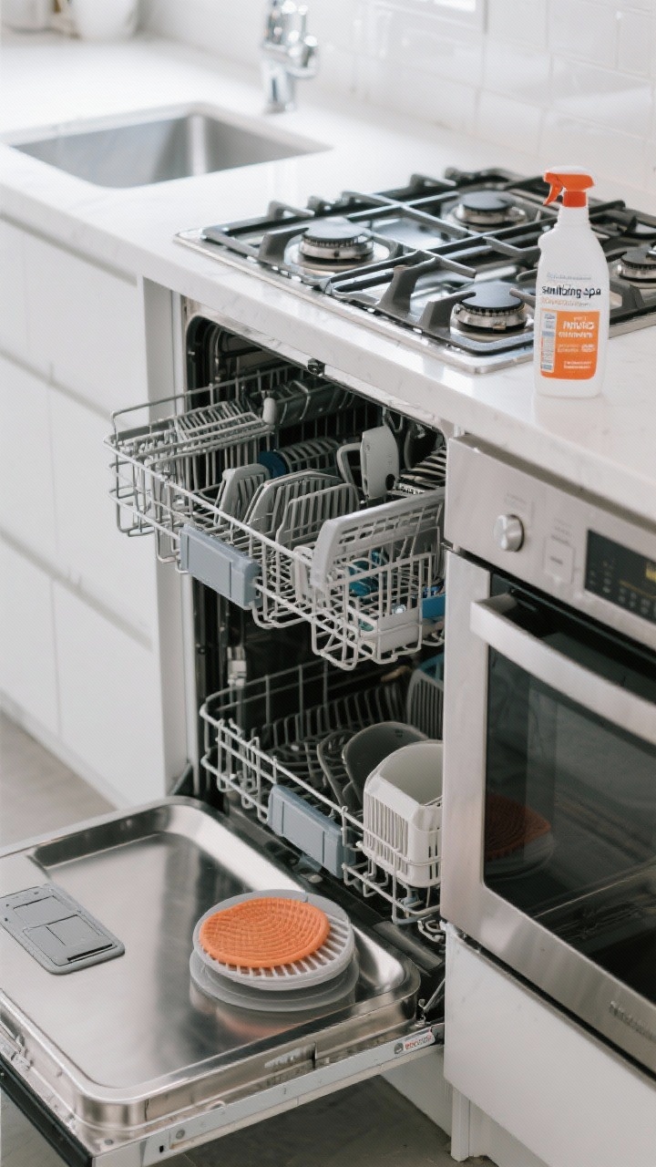 Medium shot, three-quarter angle: Dishwasher door open like a “sanitizing spa,” top rack loaded with stovetop grates and burner covers, lower rack holding fridge shelves and drawers, plus a microwave turntable and silicone baking mats; a bottle of dishwasher cleaner on the counter signaling a monthly hot cycle; avoid any wood or cast iron; cool white task lighting reflecting off stainless steel interiors for a crisp, hygienic mood.