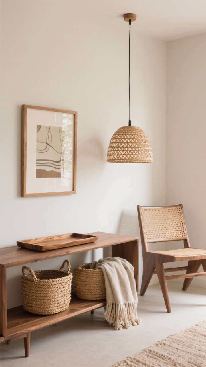 Medium shot vignette on a modern console: walnut side table with a mango wood tray, woven seagrass basket holding a throw, and a cane accent chair next to it; a rattan pendant lamp above casts a gentle pattern; one art print in a simple oak frame on the wall; natural textures emphasized, warm neutral palette, soft daylight, clean, cozy styling.
