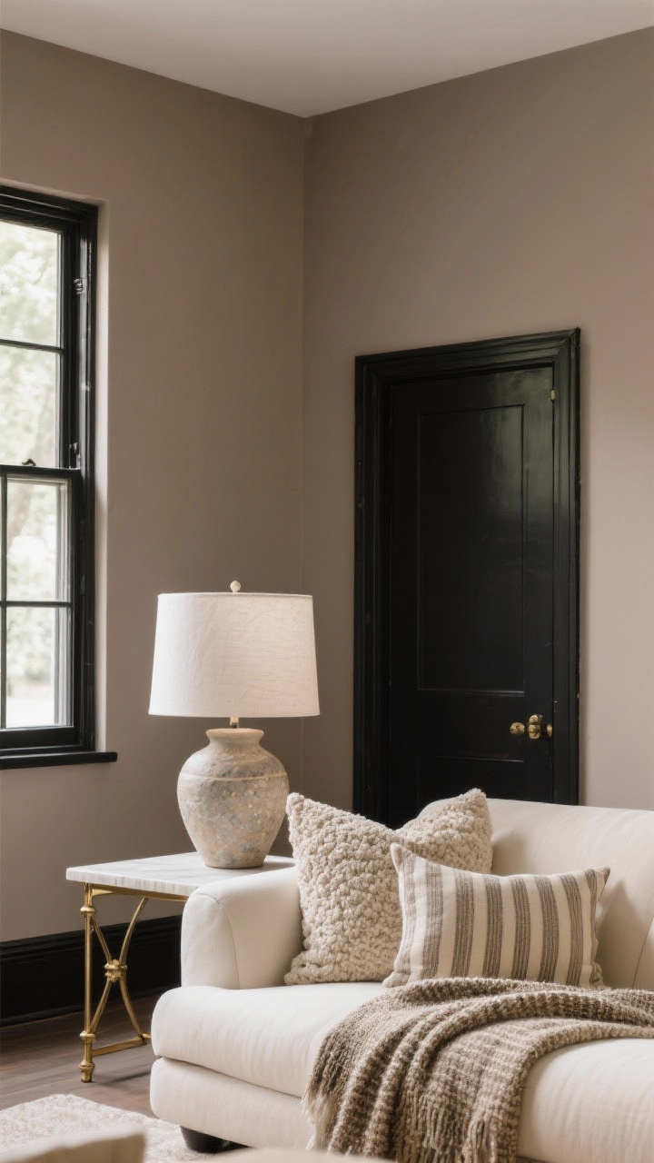 Medium, straight-on living area vignette: mushroom taupe walls with soft black window trim and door, cream upholstered sofa, boucle pillows; stoneware table lamp on a console with unlacquered brass hardware, low-key patterns like a tweed throw and tone-on-tone striped cushion; balanced, minimalist warmth with soft daytime diffuse light, photorealistic