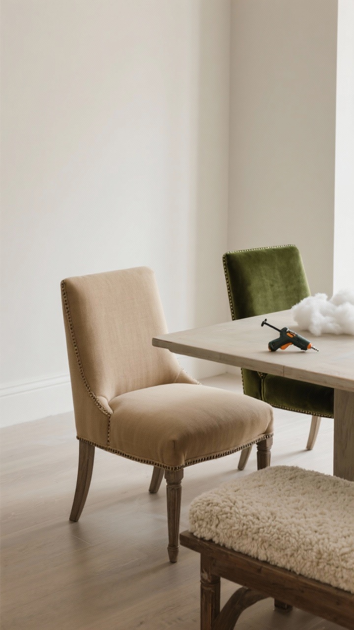 Medium, straight-on shot of a reupholstered dining chair with a fresh high-density foam cushion: seat covered in linen-look polyester in warm oatmeal; a second chair in performance velvet moss green and a bench cushion in textured ivory bouclé nearby; staple gun and batting on the table; neutral painted room with gentle daylight; textures emphasized—tight, crisp upholstery with clean corners and smooth pull lines.