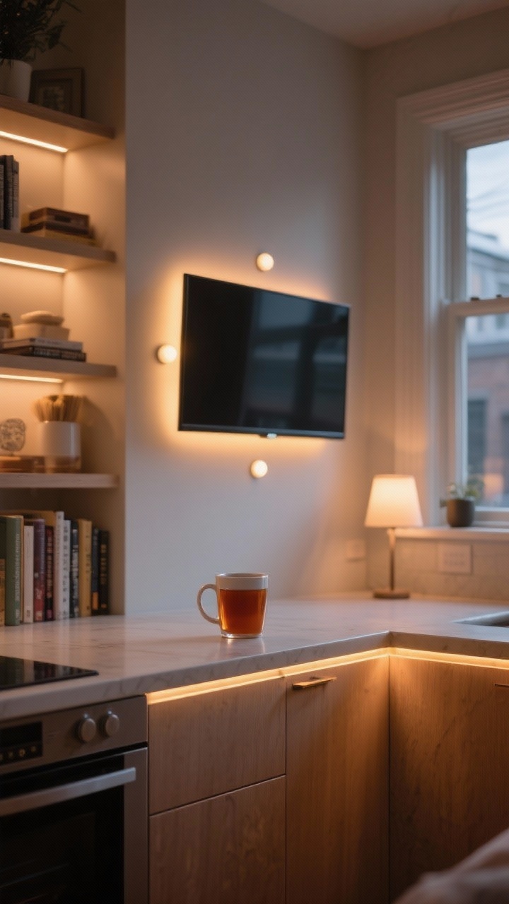 Medium straight-on view: Hidden glow accents in a cozy home—warm LED strip under kitchen cabinets illuminating a mug of late-night tea, a soft halo backlight behind a wall-mounted TV, tiny puck lights spotlighting items on a bookshelf, and a small lamp on a windowsill creating a welcoming street-facing silhouette. All lights subtle and warm, creating a luxe, soft ambiance without looking bright or harsh.