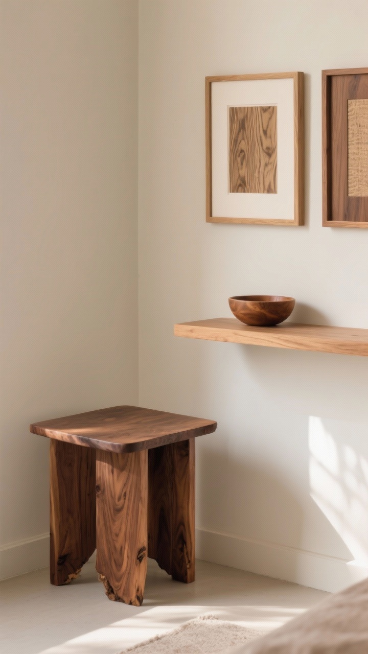 Medium, straight-on view of a corner showcasing wood with visible grain: a matte-finish walnut side table with natural edge, oak and ash picture frames with open grain on the wall shelf, and a lightly oiled floating shelf displaying a small wooden bowl; warm neutral palette, soft indirect morning light to reveal grain patterns; minimalist styling, no glossy finishes.