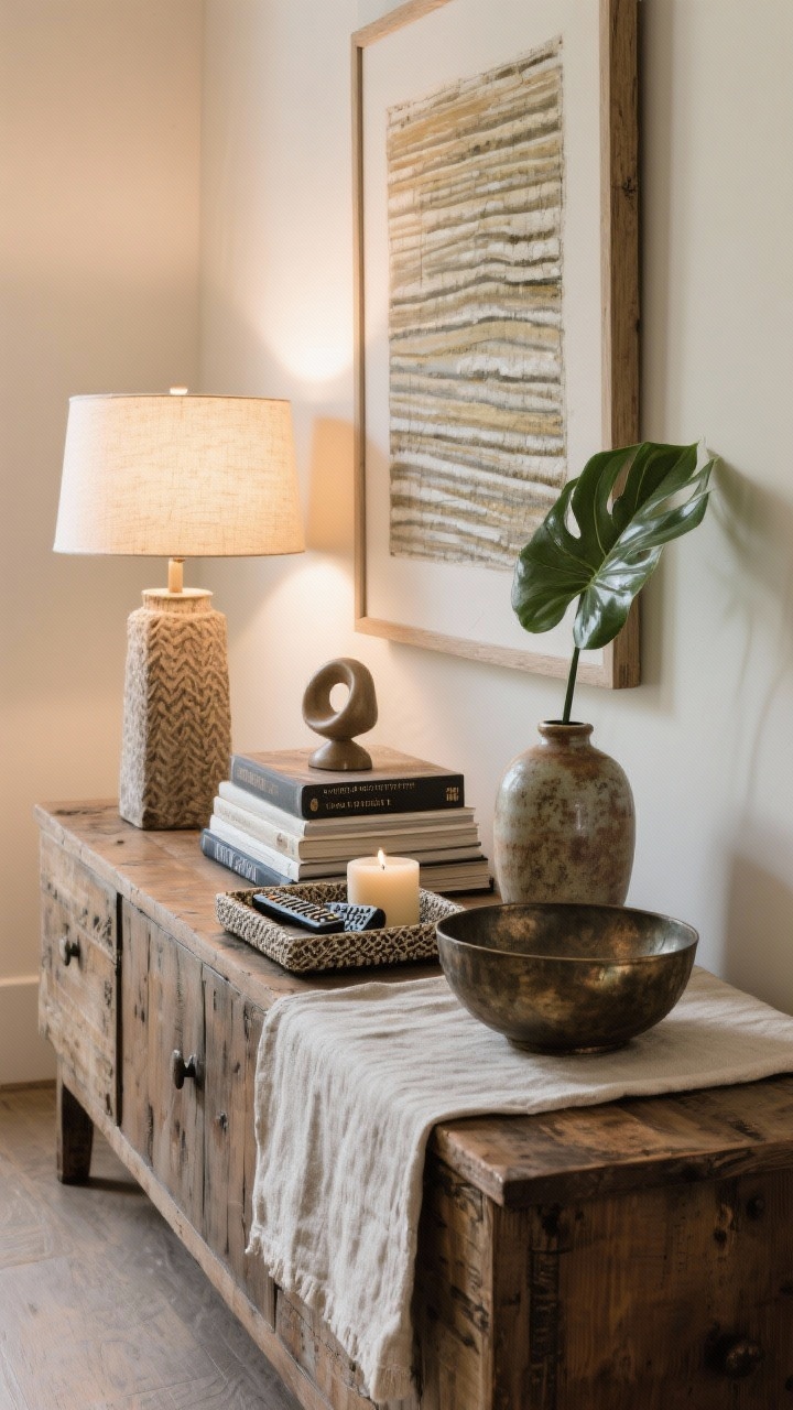 Medium styling shot of a rehabbed console dressed like a pro: layered lighting with a small table lamp, art leaning above, a textured tray corralling remotes and candles, a stack of books with a sculptural object on top, and a single leafy plant; textures mixed—wood console, aged metal bowl, ceramic vase, linen runner; composed using the rule of three with varied heights; warm, cozy lamp glow plus soft daylight for a lived-in, intentional mood.
