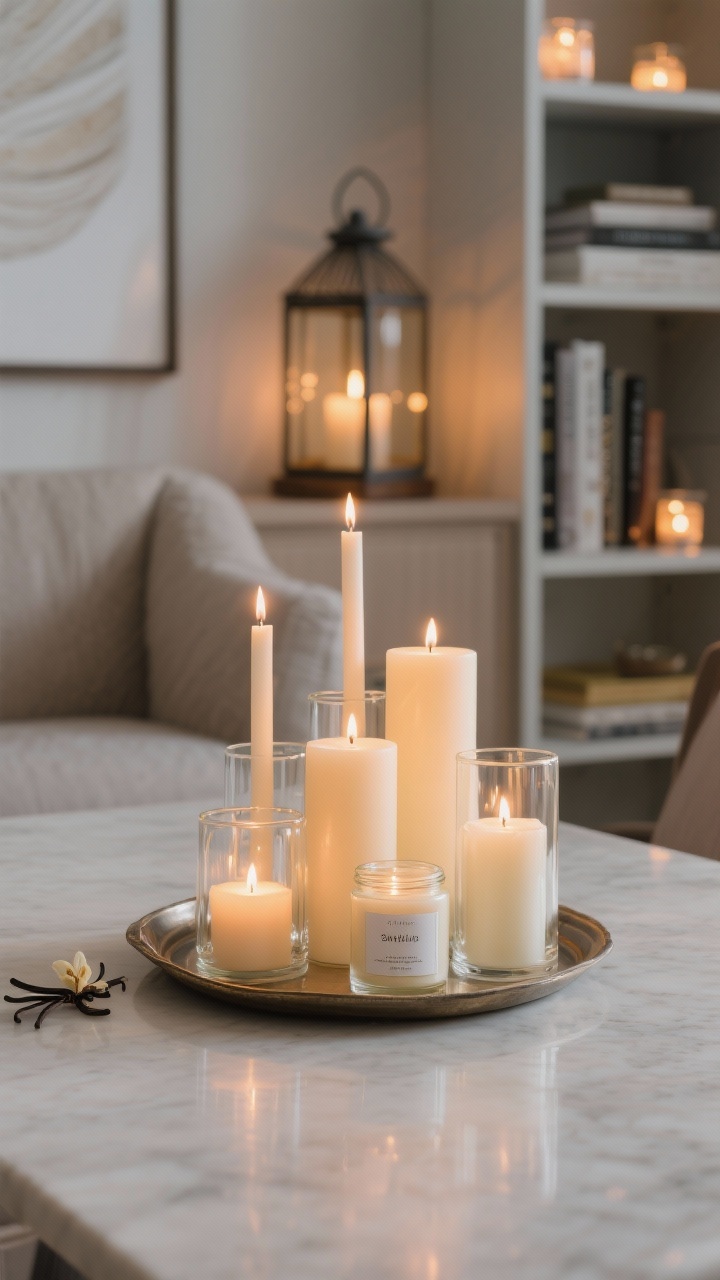 Medium tabletop shot: A candle cluster centerpiece—3–5 candles of varying heights on a tray, set in hurricane vases to reflect more light. Include both real wax candles and realistic LED candles with a subtle flicker. A single scent theme (e.g., vanilla or sandalwood) labeled on a nearby candle jar. In the background, battery tea lights glow inside a lantern and on a bookshelf, delivering low-effort warmth.
