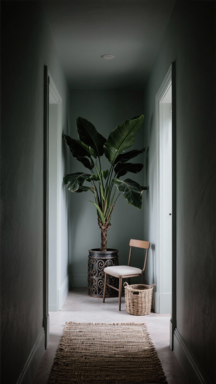 Medium-to-wide shot of a low-light hallway or reading nook anchored by a cast-iron plant (Aspidistra) with rich, broad, dark green leaves; placed in a tall, narrow planter to give the presence of a small tree; cool, dim ambient light with no harsh direct sun; quiet luxury mood with muted tones, matte finishes, and a simple side chair and floor basket; subtle textures (woven rug, matte wall paint); photorealistic, no people