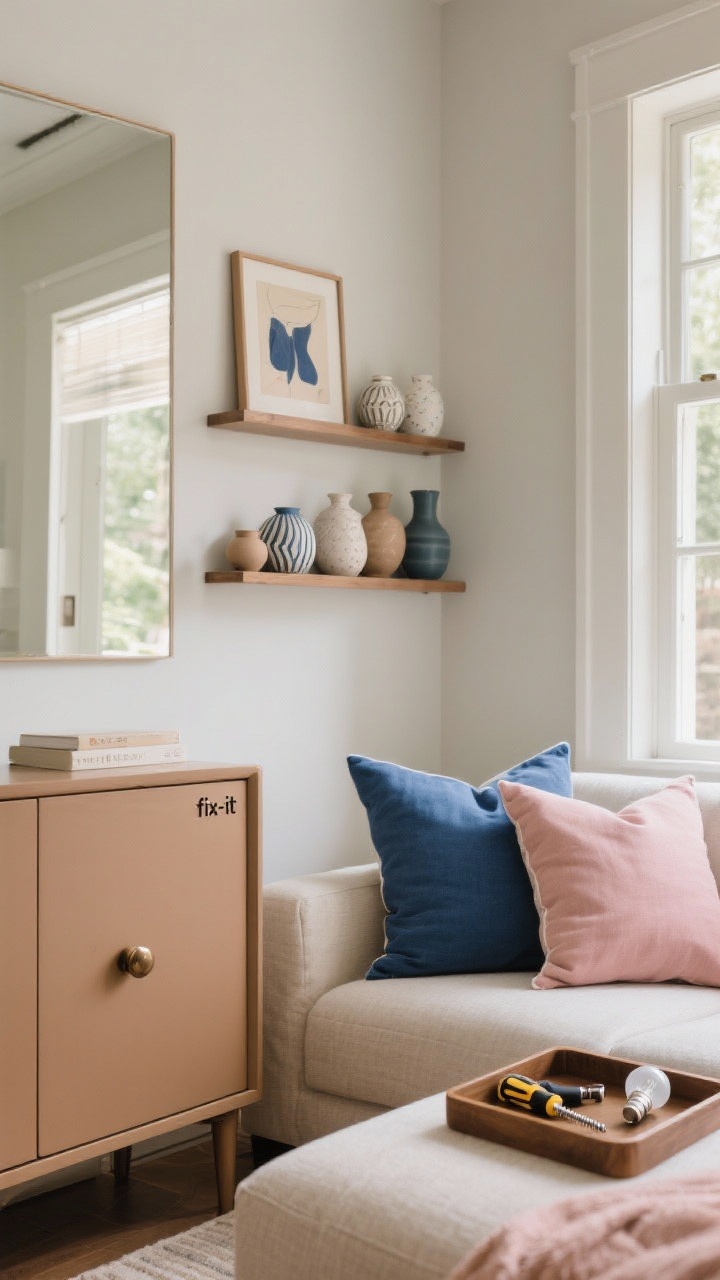 Medium vignette shot: monthly add-ons—rotated decor with new pillow covers in the existing palette (cobalt and blush accents), a small piece of art moved from hallway to living room shelf restyled with ceramics grouped by material, and a “fix-it” tray holding a screwdriver and spare bulb next to a freshly tightened knob on a camel-toned cabinet; natural light, subtle before/after cues, photorealistic textures.