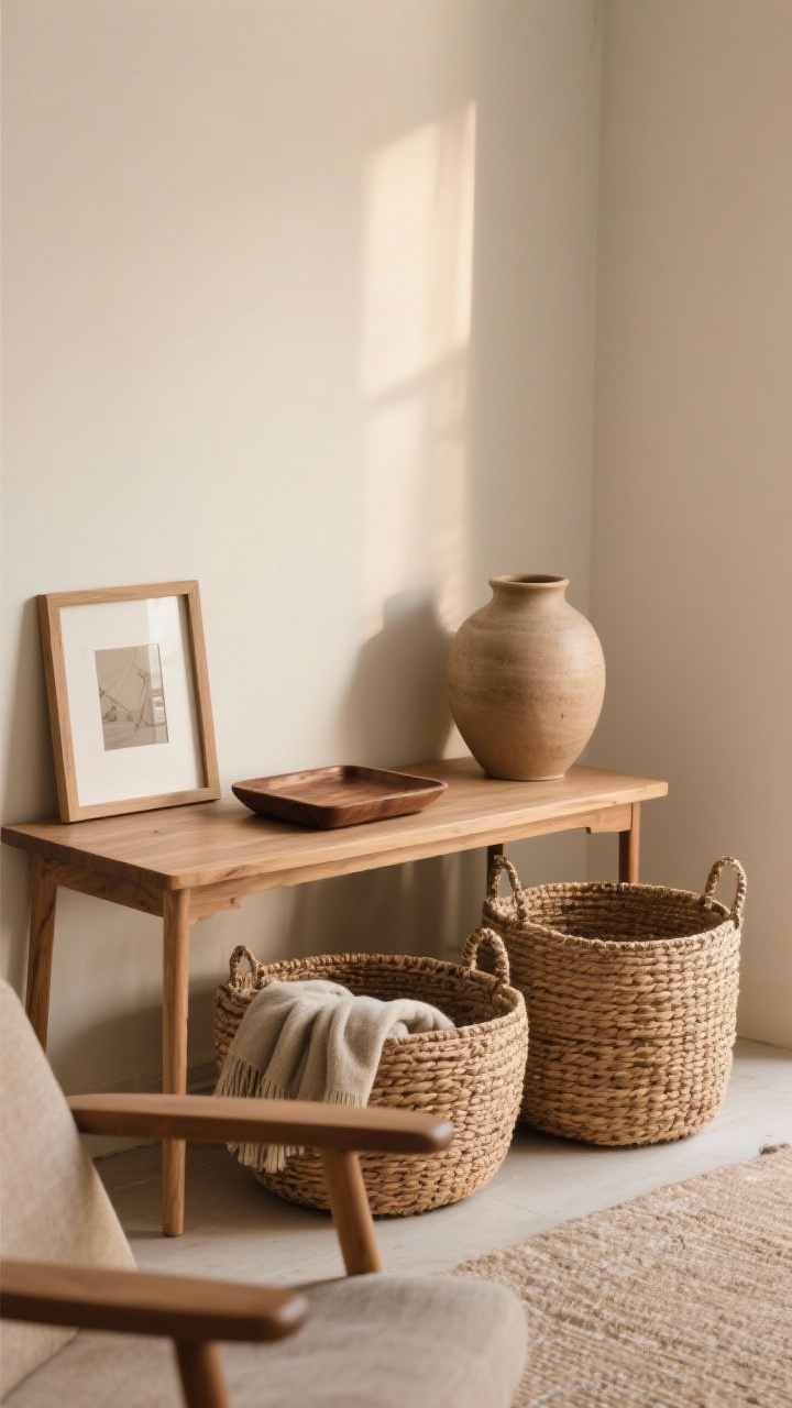 Medium vignette: warm, natural textures grouped cohesively—two woven baskets (one holding throws), a walnut wood tray on a side table, oak picture frame, and a chunky ceramic vase; materials limited and repeated for harmony; neutral wall, soft warm light; Scandi farmhouse vibe; angled view from chair height; photorealistic, no people.