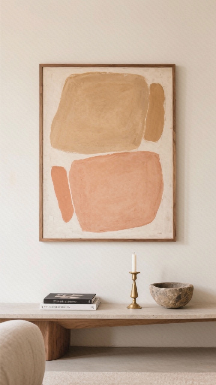 Medium wall view: a serene living room wall featuring one oversized abstract artwork in warm tones (camel, sand, soft terracotta) in a thin oak frame; below, a low console with a tight edit—stack of two design books, a single brass candle holder, and a small vintage stone bowl. The rest of the wall remains blank to preserve negative space. Warm, even daylight; clean lines, cohesive palette, calm mood without clutter.