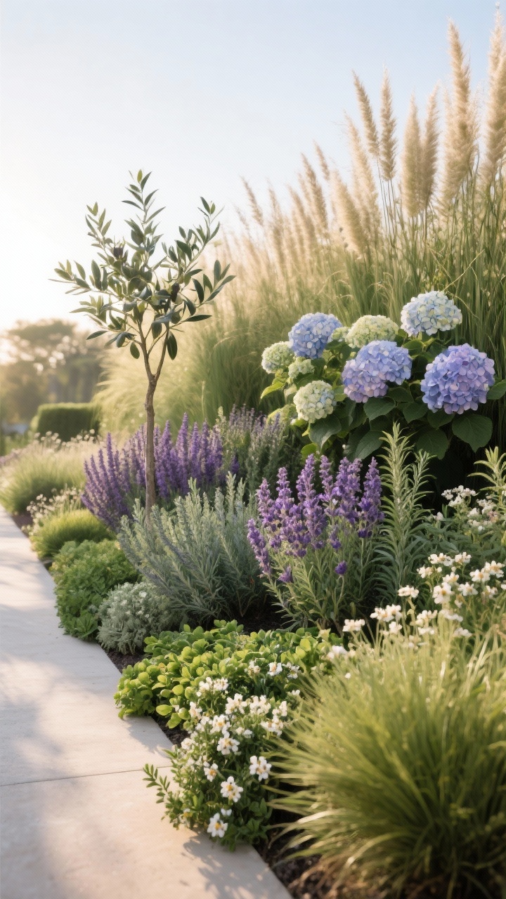 Medium-wide border view showcasing layered heights for depth: back layer tall ornamental grasses and hydrangeas with a young olive sapling, middle layer lavender, salvia, and rosemary, front edge planted with creeping Jenny, thyme, mondo grass, and alyssum spilling slightly onto a path; late afternoon light for gentle shadows enhancing dimension; shot from a low angle down the border to emphasize rhythm and volume.