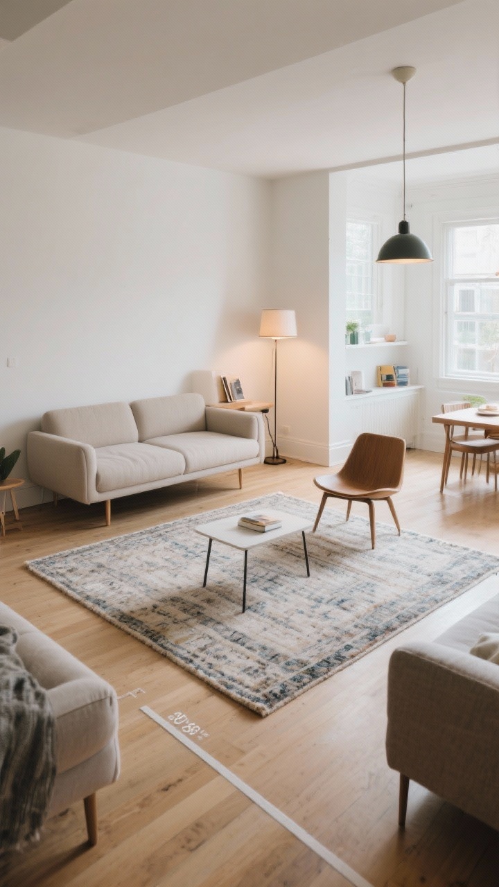 Medium-wide shot: A small open-plan living area demonstrating improved flow—sofa floated 8 inches off the wall, a properly sized rug anchoring a conversation zone with the front legs of seating on the rug, and clear pathways of about 30–36 inches between pieces. Include a leggy mid-century style armchair and slim coffee table to keep floors visible. Define zones with lighting: a reading nook with a floor lamp, a dining corner with a pendant. Bright but natural daytime lighting; corner angle perspective to show circulation.