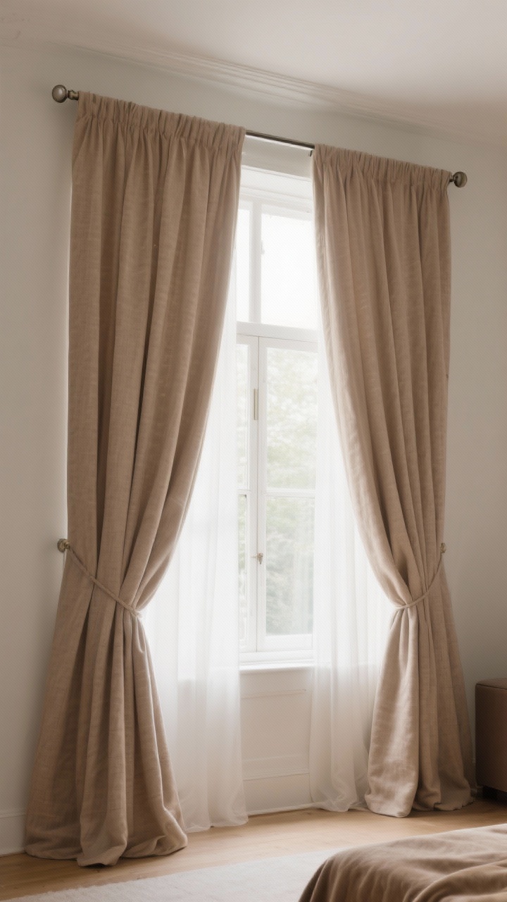 Medium window scene: cozy curtains hung high and wide—linen-look warm neutral panels mounted 4–6 inches above the frame and extending 6–10 inches past, just kissing the floor; optional second set in soft velvet for blackout cocoon energy; sleek rod and rings; gentle daylight filtered through, room feels taller and softer; straight-on perspective, photorealistic.