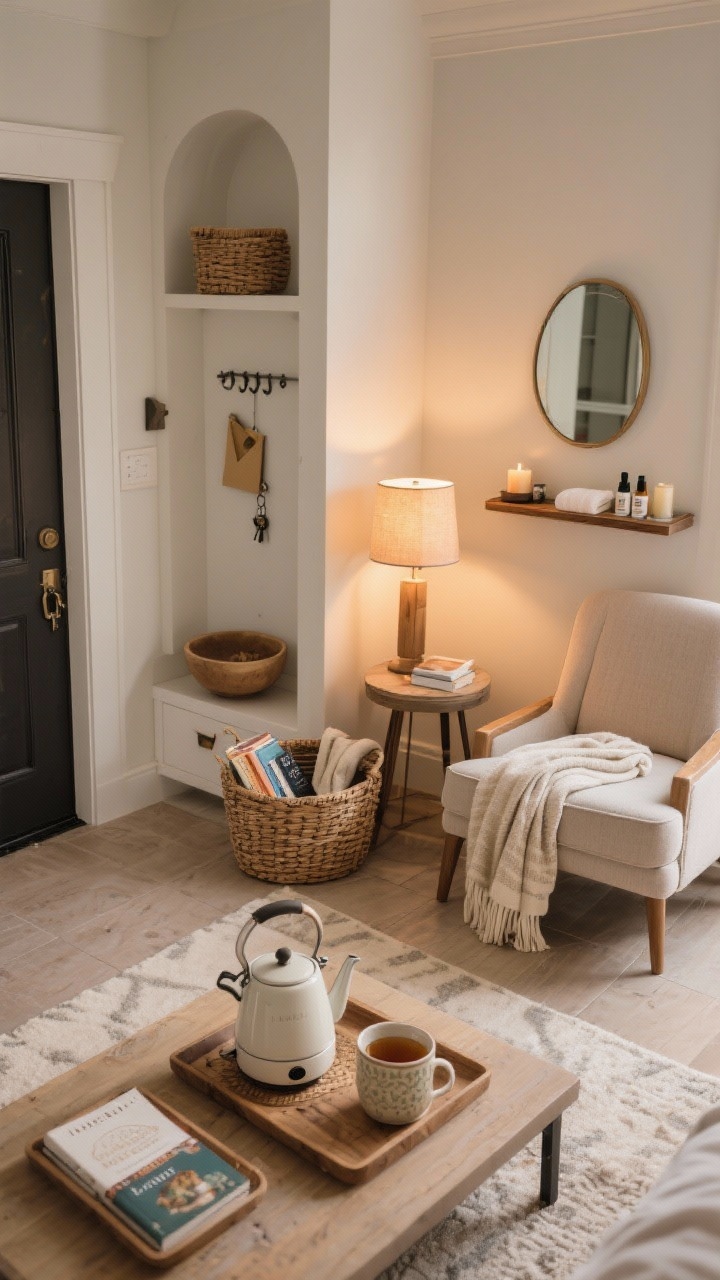 Multi-zone detail composite (single frame), overhead perspective: Micro-ritual stations styled on surfaces—tea nook tray with electric kettle, pretty canister, and ceramic mug; reading corner side table with warm lamp, a folded throw, and a basket of current reads beside a comfy chair; entry landing spot with a catchall bowl, key hook, and mail basket; skincare altar with a small mirror, candle, linen towel, and serums on a tray; soft, warm lighting; photorealistic.