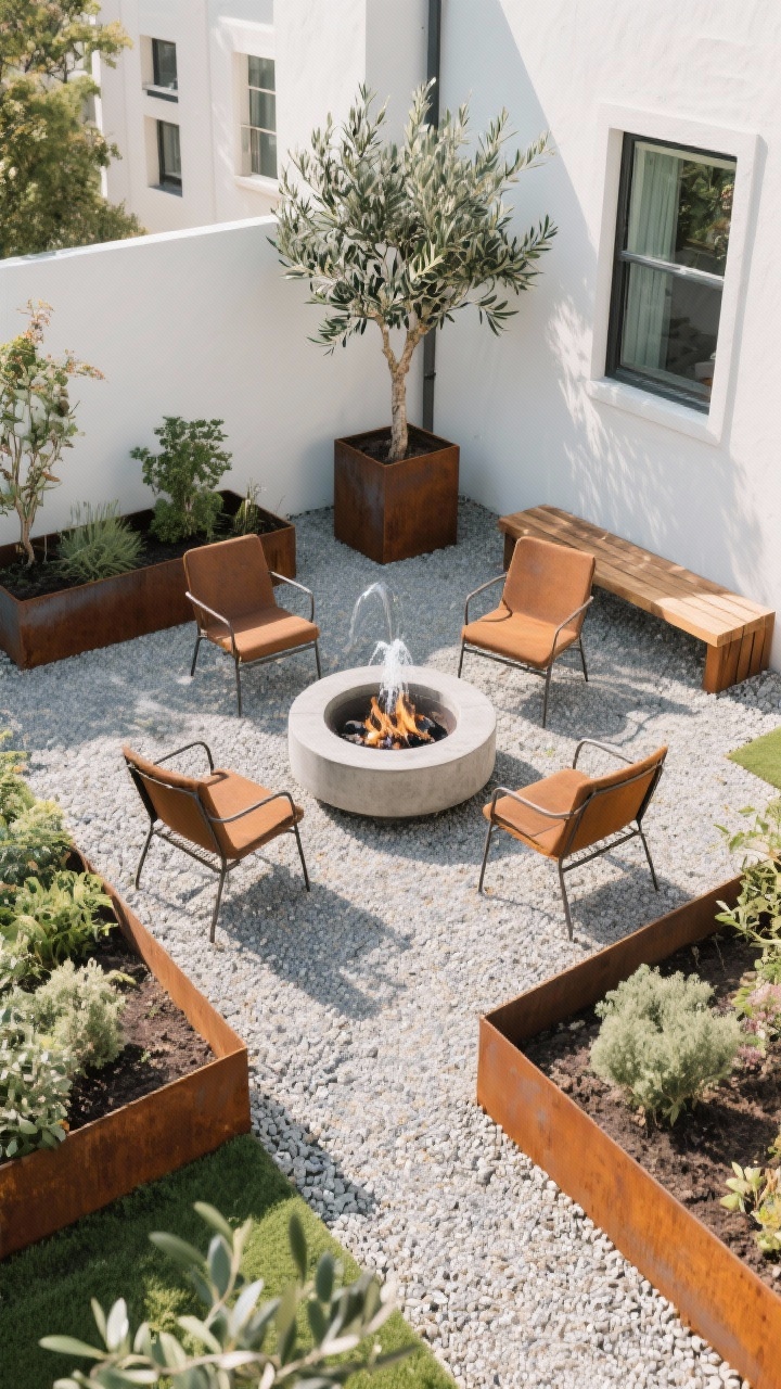 Overhead angle: A garden divided into zones to break sightlines—an inward-angled seating cluster around a circular concrete fire pit, chairs turned away from the property line. Low Corten-steel planters and raised beds subtly edge a gravel path, guiding movement. A sculptural water feature as the central focal point draws the eye inward. A tall planter with an olive tree sits behind a wooden bench to block views from a neighboring window. Textures of gravel, powder-coated metal, and olive leaves in even, diffuse daylight. Mood: strategic, calm, curated.