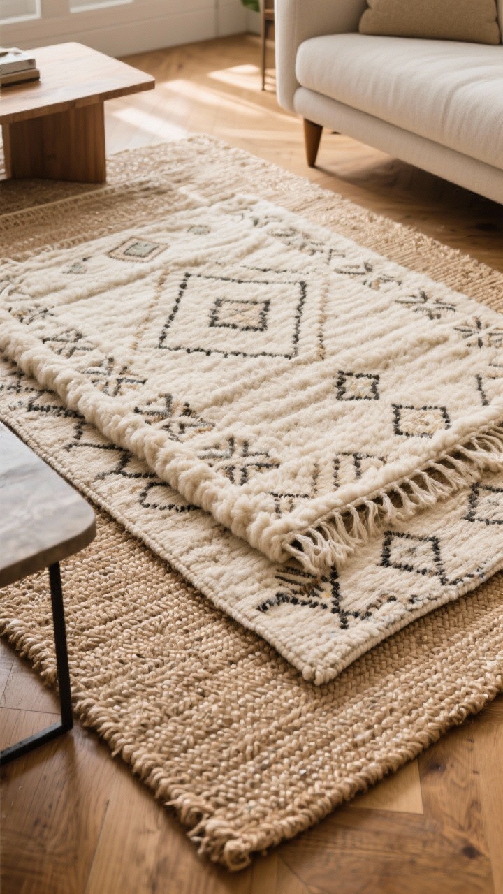 Overhead angled shot of layered rugs in a living room: a large neutral jute flatweave base rug with a softer hand-loomed wool Moroccan-style rug on top sized about two-thirds of the base; visible sofa legs and a coffee table edge to show scale; warm, cozy ambient light, textures crisp and tactile, hardwood floors barely peeking along the edges.