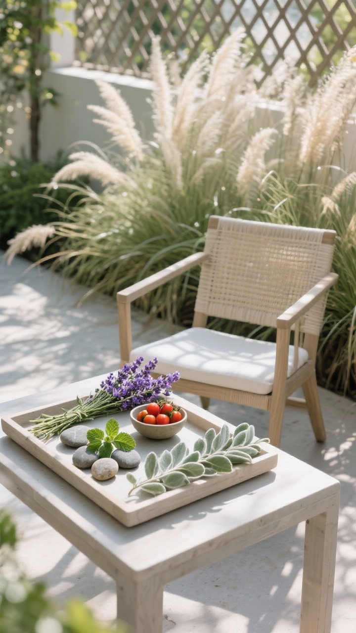 Overhead detail: A sensory tray table beside a garden chair—sprigs of lavender and mint, smooth river stones, a tiny bowl of cherry tomatoes, and a strip of soft lamb’s ear foliage. In the background, feathery grasses suggest sound and movement, with dappled shade from a trellis above. Soft, filtered light to convey coolness and comfort, focus on scent, touch, taste elements.