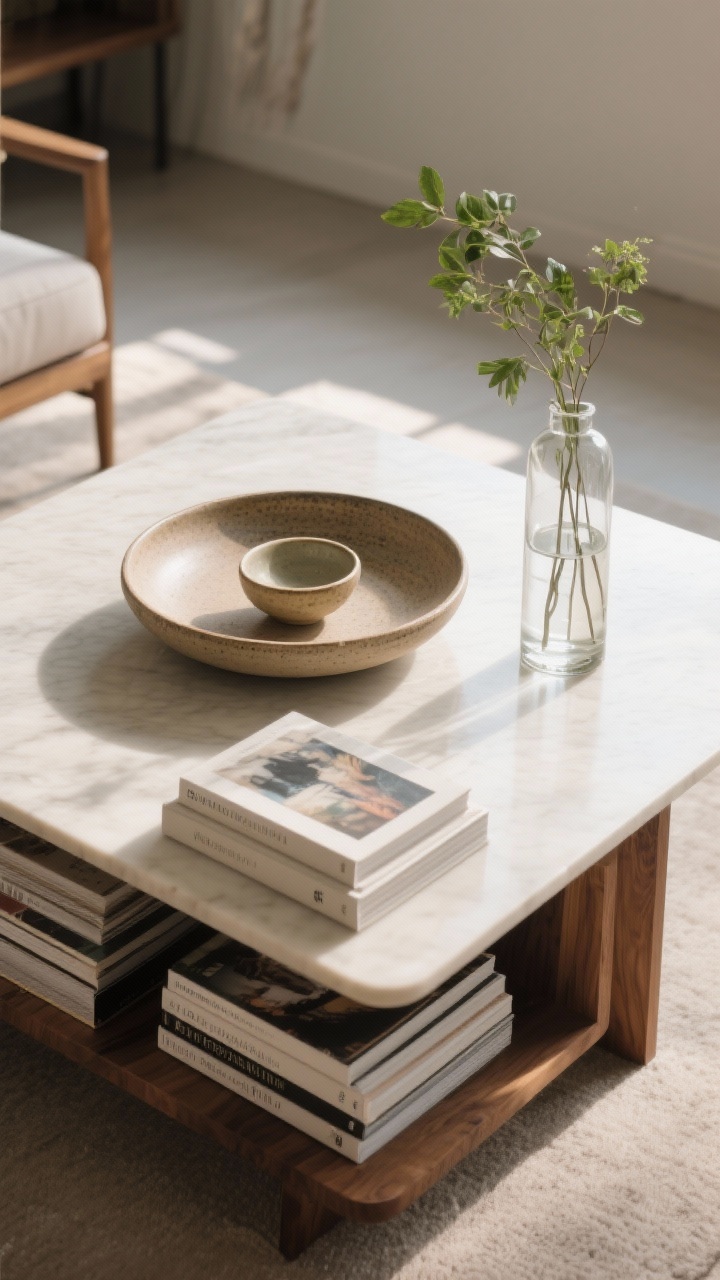 Overhead detail: A styled coffee table using the 3-height rule—low: a stack of art books; medium: a rounded ceramic tray holding a small bowl; tall: a glass vase with simple greenery; negative space left visible on the tabletop; materials mixed (wood table, ceramic, glass); odd-number grouping; soft morning light casting gentle shadows; crisp, photorealistic texture and clarity
